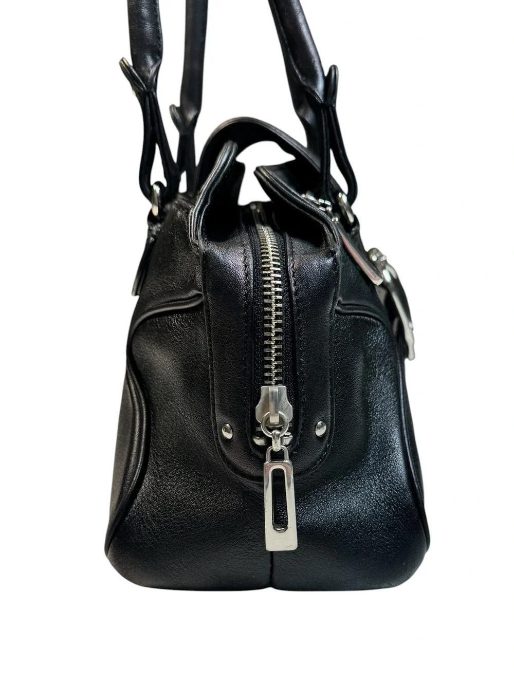 Vintage Y2K Cole Haan Alexa F04 Black Leather Satchel Shoulder Bag Silver Buckle